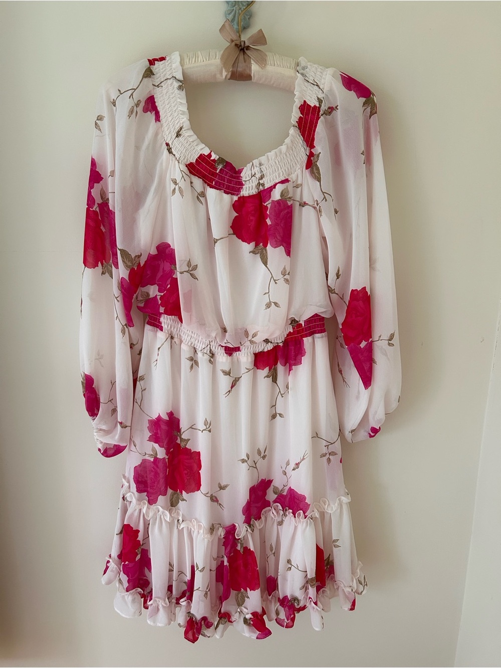 Betsey Johnson Off the Shoulder Peasant Dress with Rose Pattern 
Size: 4 
EUC